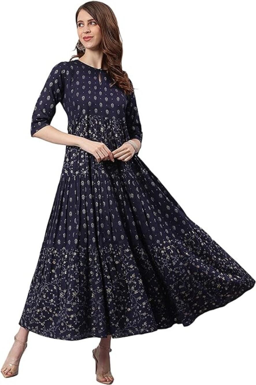 Janasya Indian Women's Cotton Flex Ethnic Dress in Blue, Size S